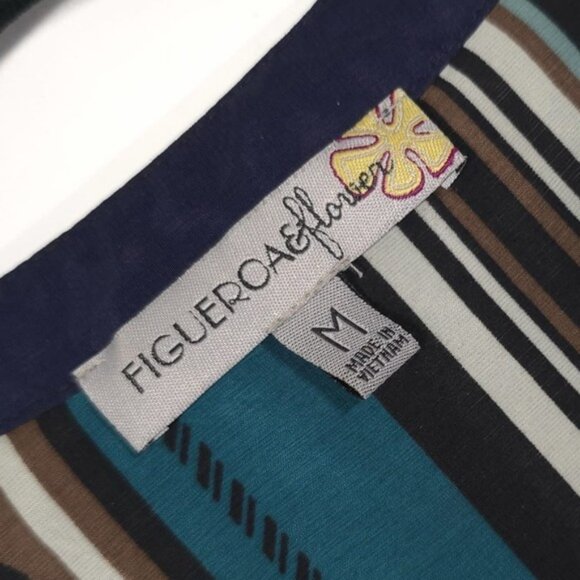 FIGUEROA & Flower Women's MEDIUM Green Pink Floral Blouse Shirt Top Boho Striped - Picture 3 of 10